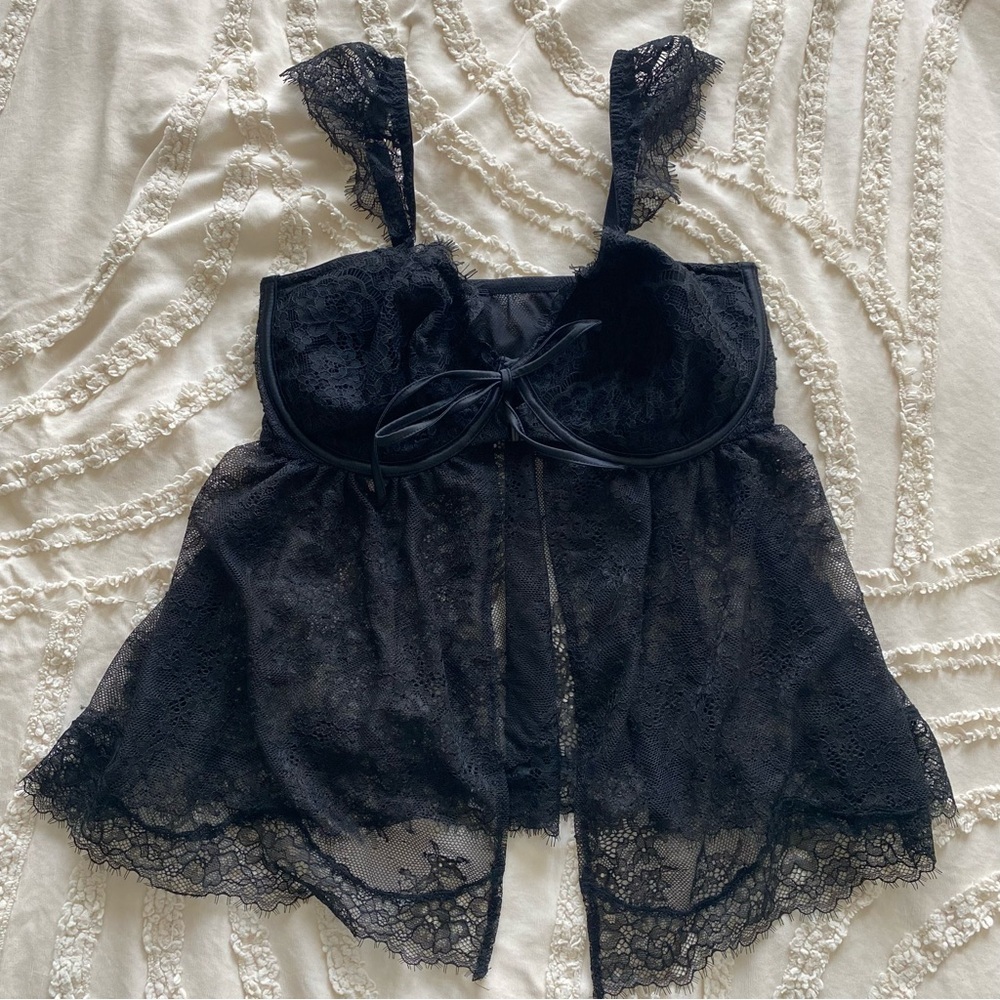 Victoria Secret S Black Lace Babydoll Lingerie with Bow Accent